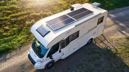 Camping-car équipé de panneaux solaires sur le toit pour une production d'énergie autonome pendant les voyages.